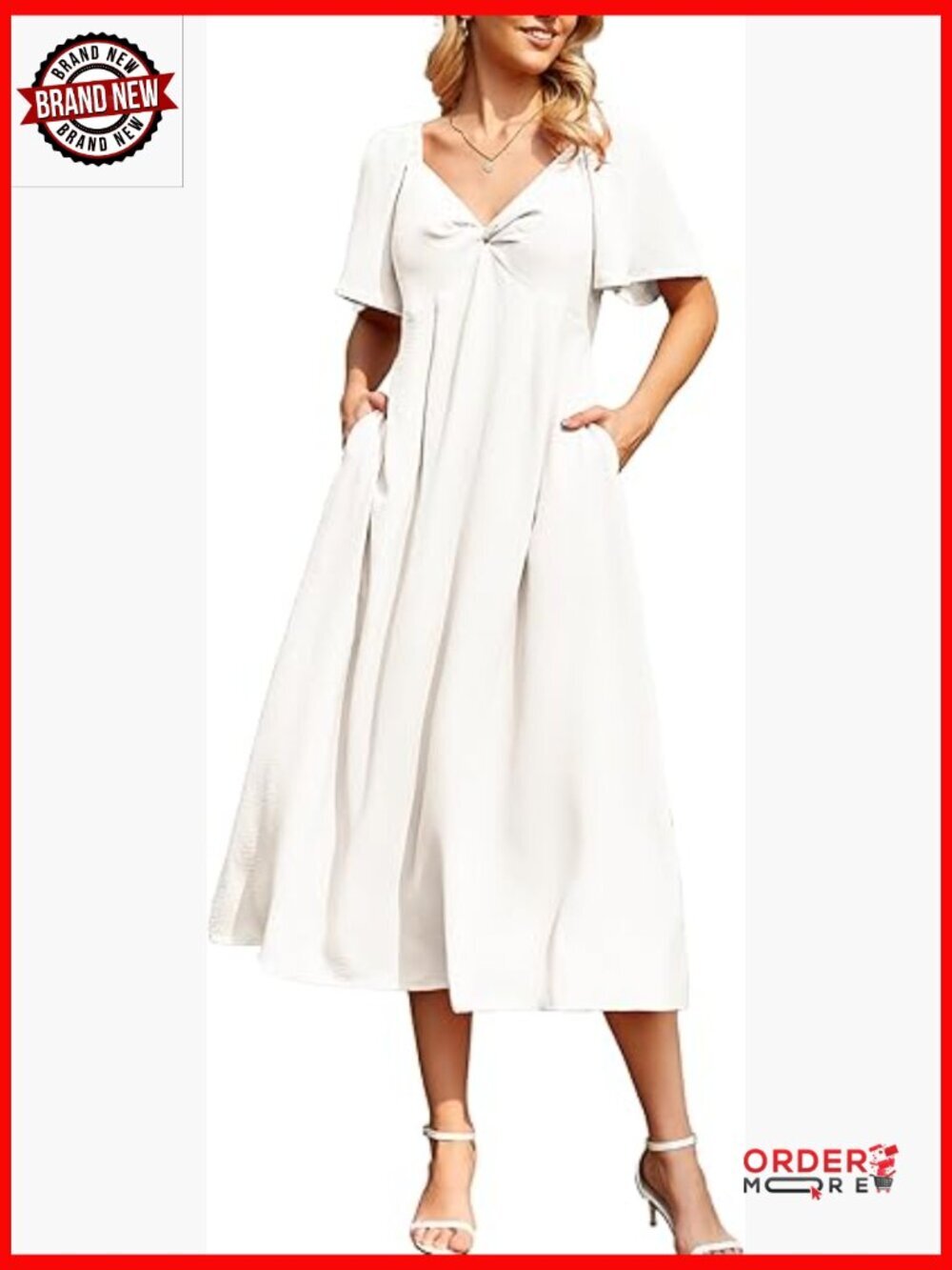 V Neck Back Tie Midi Dress with Pockets Butterfly Sleeve Flowy Wedding Guest